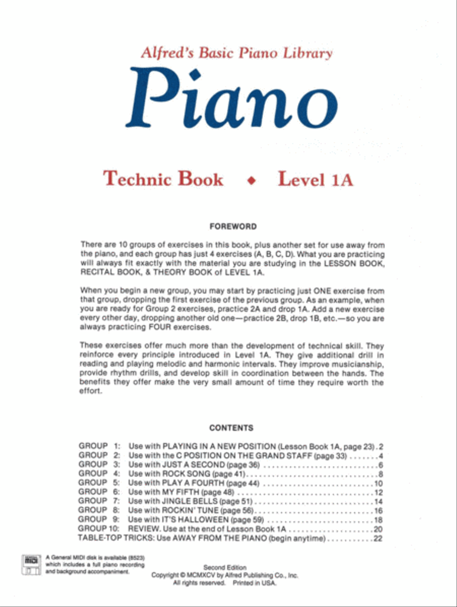 Alfred's Basic Piano Course Technic, Level 1A