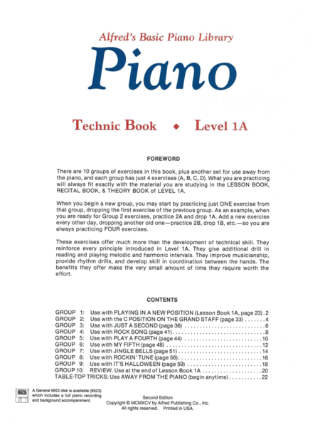 Alfred's Basic Piano Course Technic, Level 1A