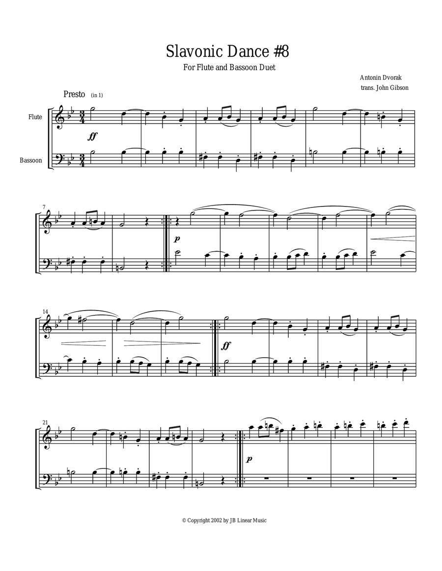 Dvorak Slavonic Dance #8 for Flute and Bassoon Duet Woodwind Duet scores gallery preview page 1