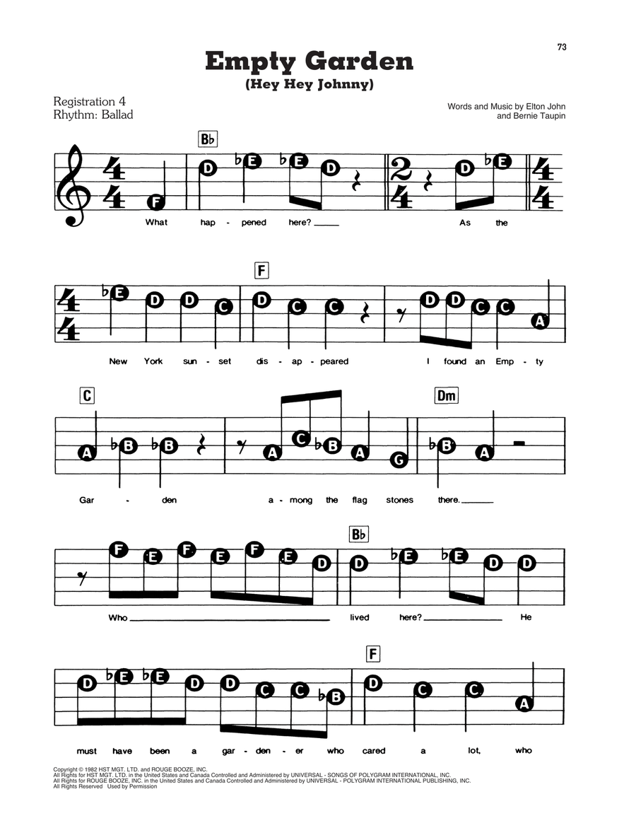 Empty Garden (Hey Hey Johnny) Electronic Keyboard scores gallery preview page 1