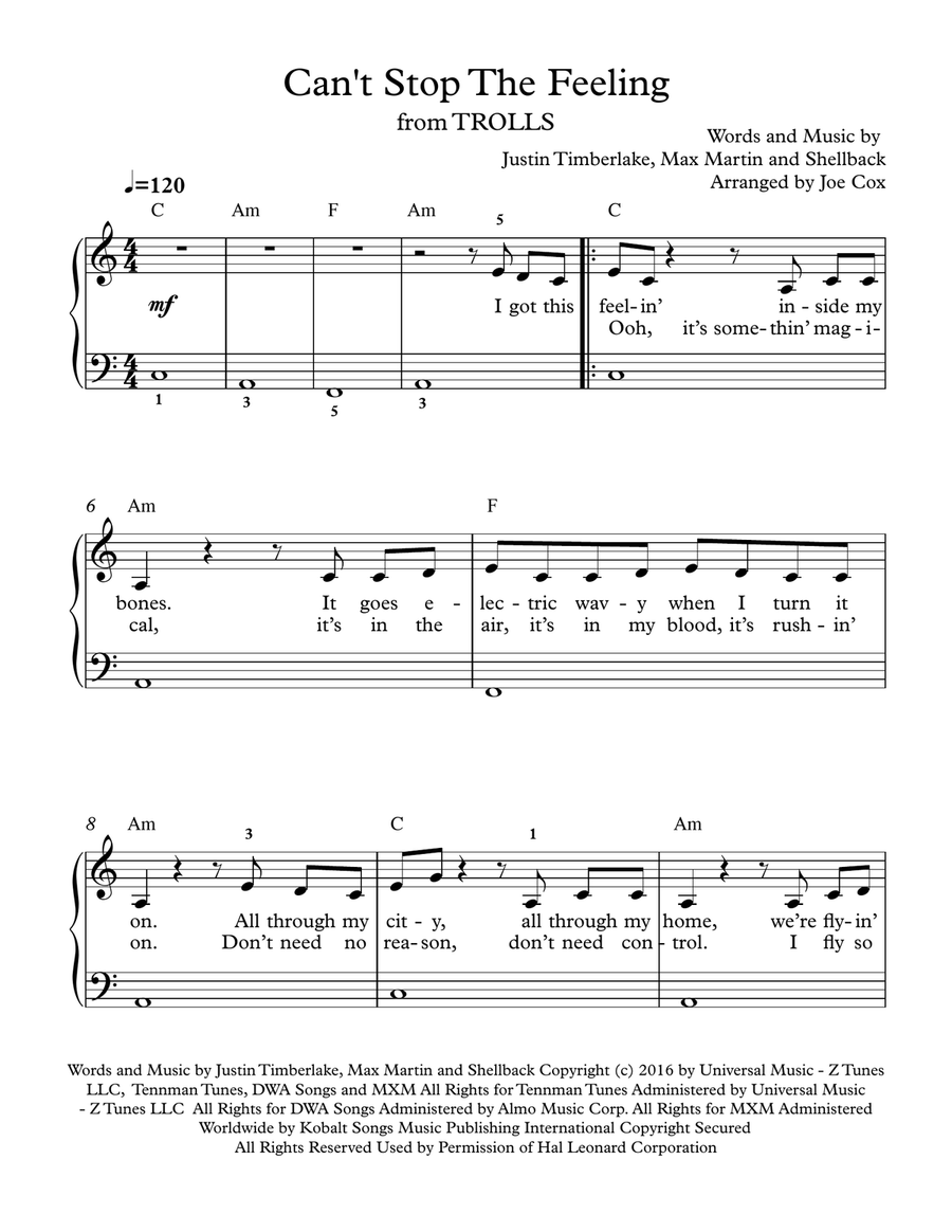 Can't Stop The Feeling from TROLLS Piano, Vocal scores gallery preview page 1