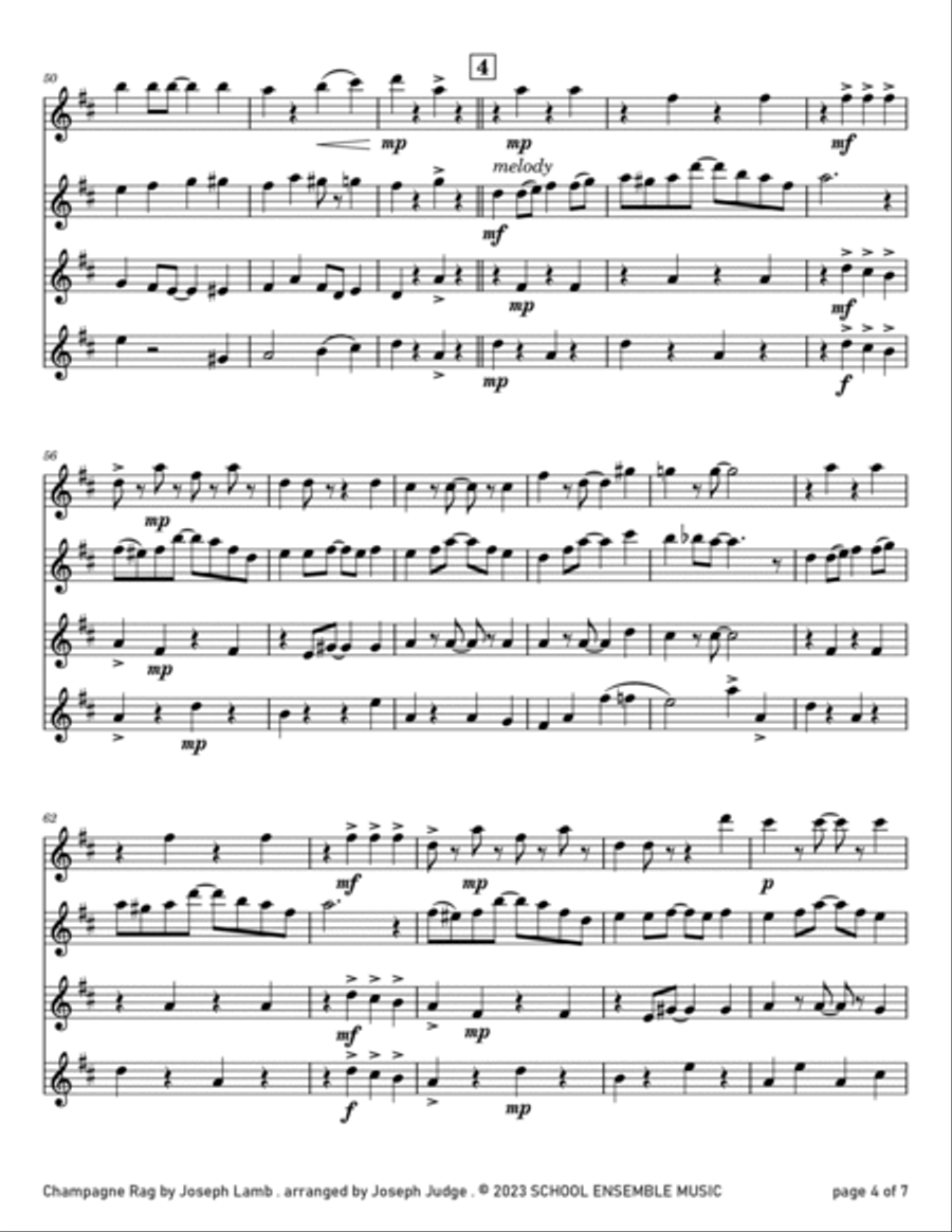 Champagne Rag by Joseph Lamb for Clarinet Quartet in Schools Clarinet Quartet scores gallery preview page 4