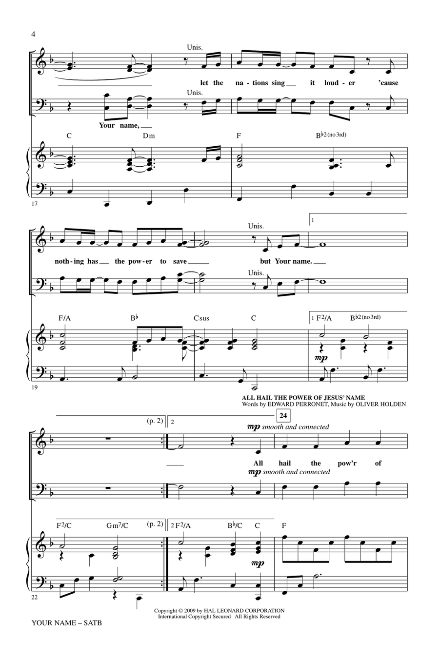 Your Name (with All Hail The Power Of Jesus' Name) 4-Part scores gallery preview page 3