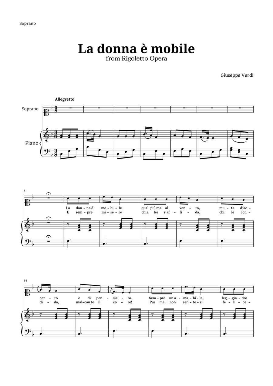 La donna è mobile in F major for Soprano and Piano Piano, Vocal scores gallery preview page 1