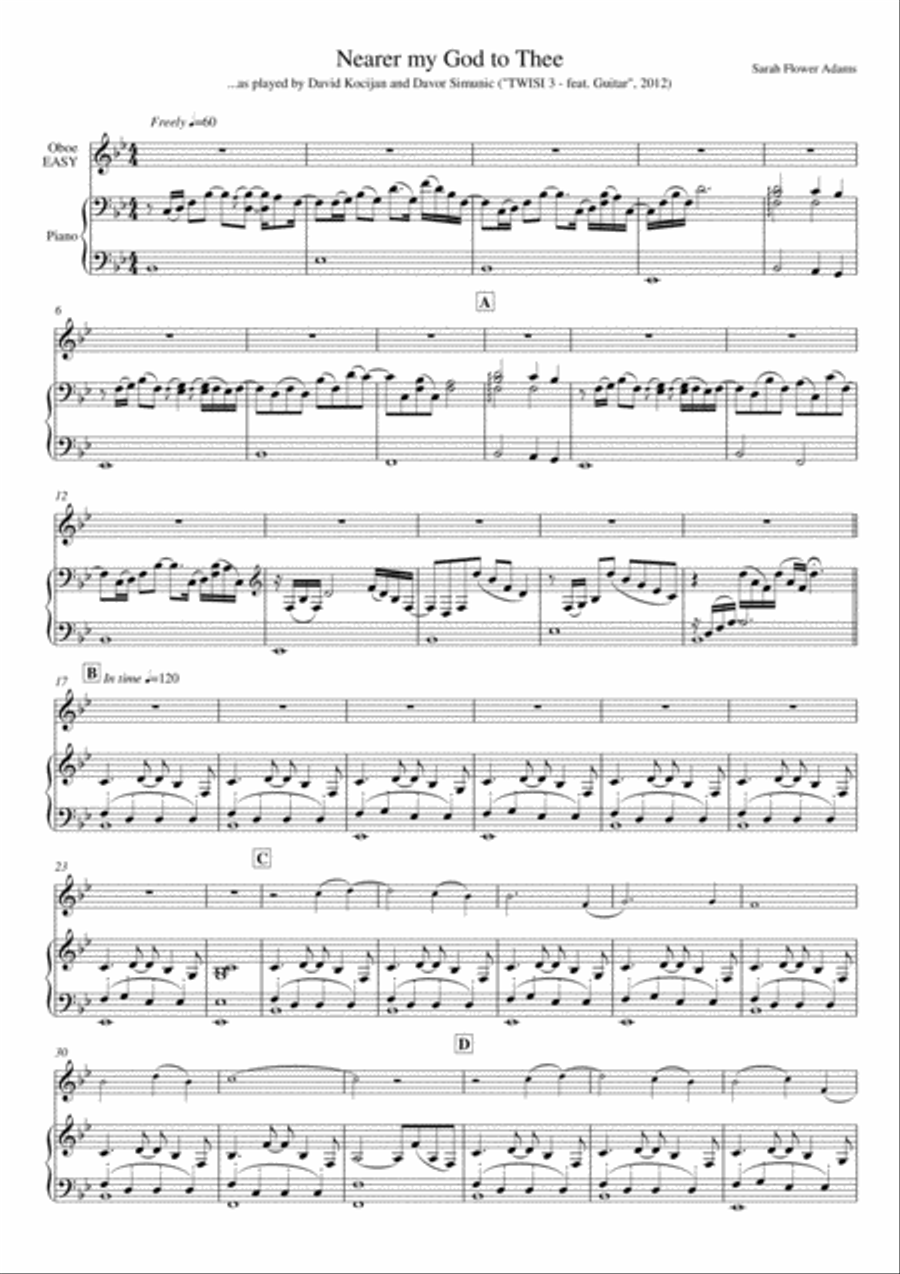 Nearer my God to Thee (piano & oboe) - EASY Piano scores gallery preview page 1