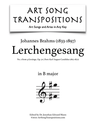 Book cover for BRAHMS: Lerchengesang, Op. 70 no. 2 (transposed to B major)