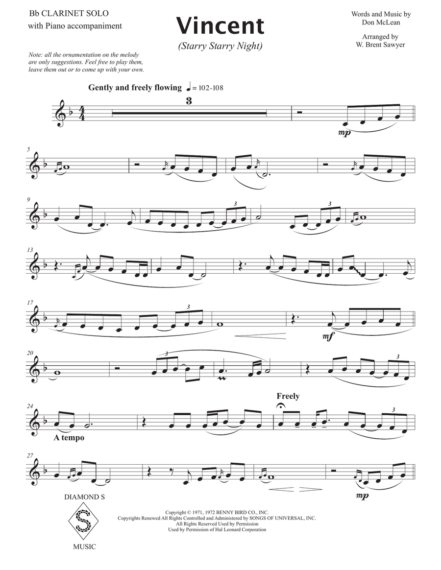 Vincent (Starry Starry Night) Clarinet Solo scores gallery preview page 2