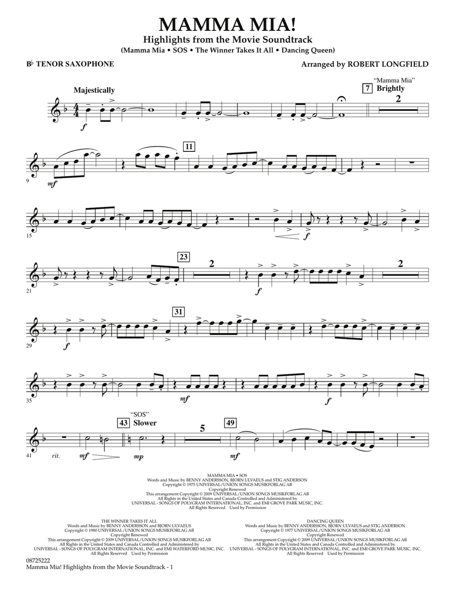 Mamma Mia! - Highlights from the Movie Soundtrack - Bb Tenor Saxophone Concert Band scores gallery preview page 1