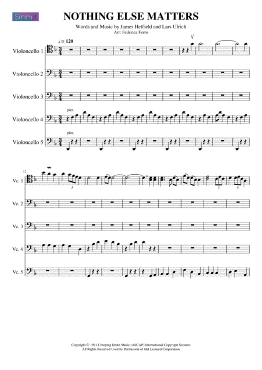 Nothing Else Matters Cello Solo scores gallery preview page 1