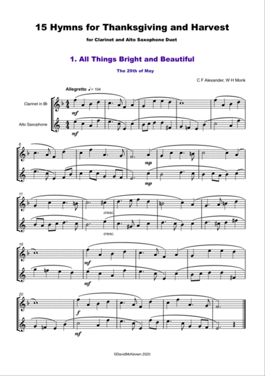 15 Favourite Hymns for Thanksgiving and Harvest for Clarinet and Alto Saxophone Duet Woodwind Duet scores gallery preview page 2