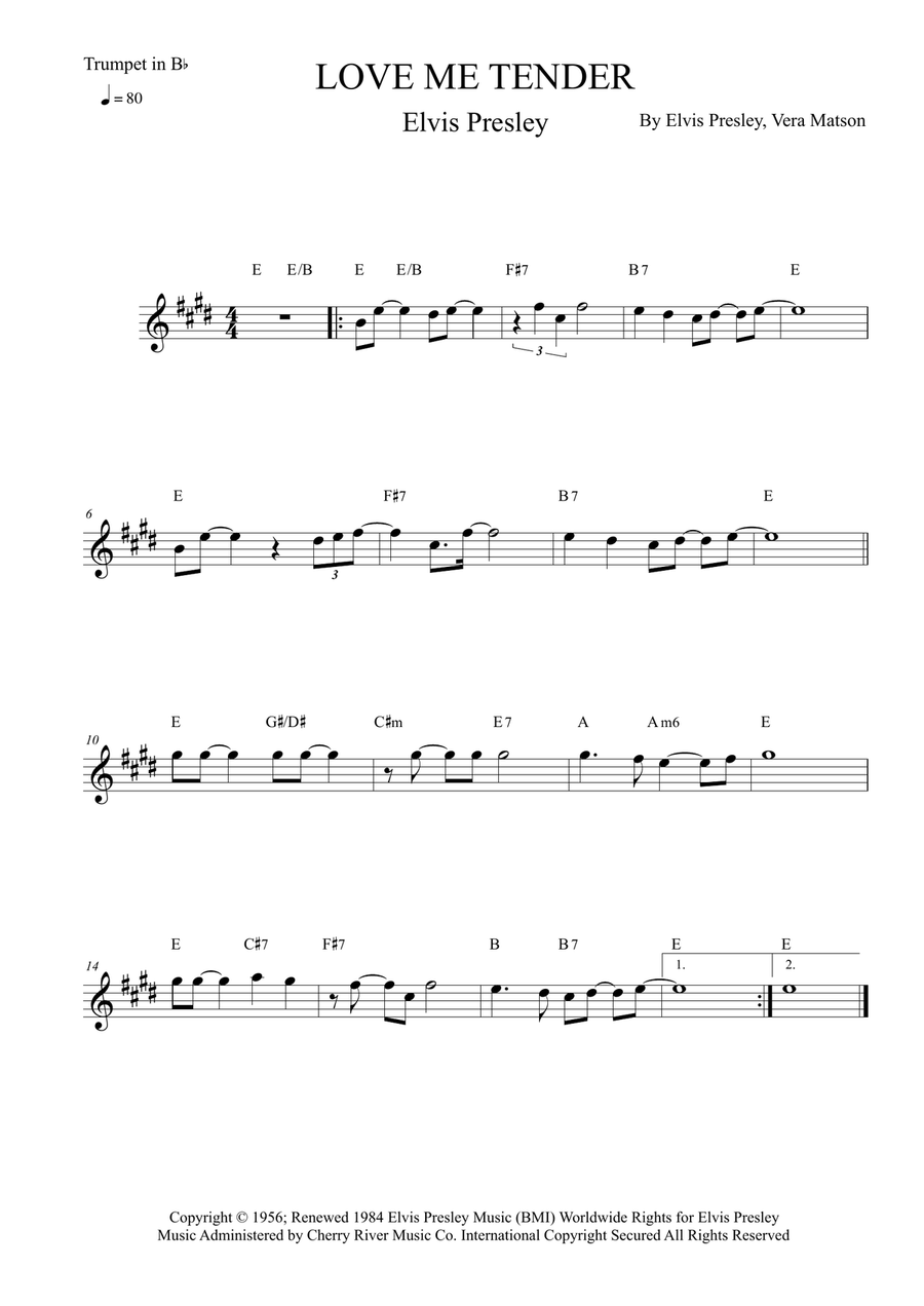 Love Me Tender B-Flat Trumpet scores gallery preview page 1