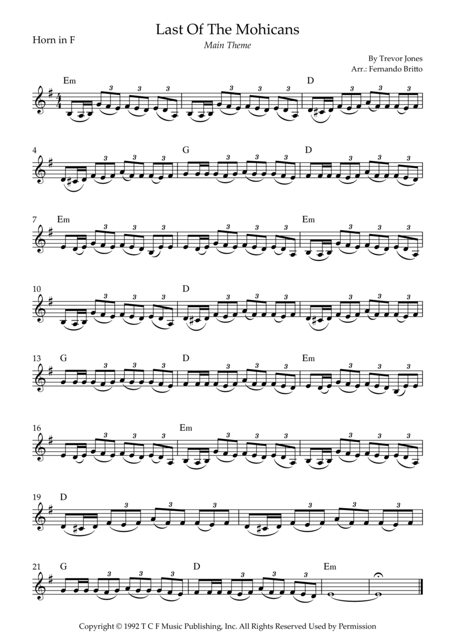 Last Of The Mohicans (main Theme) Horn Solo scores gallery preview page 1