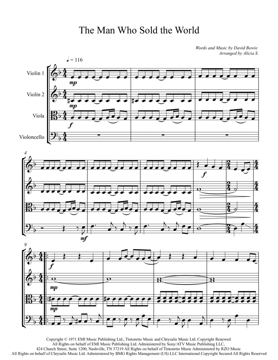 The Man Who Sold The World String Quartet scores gallery preview page 1