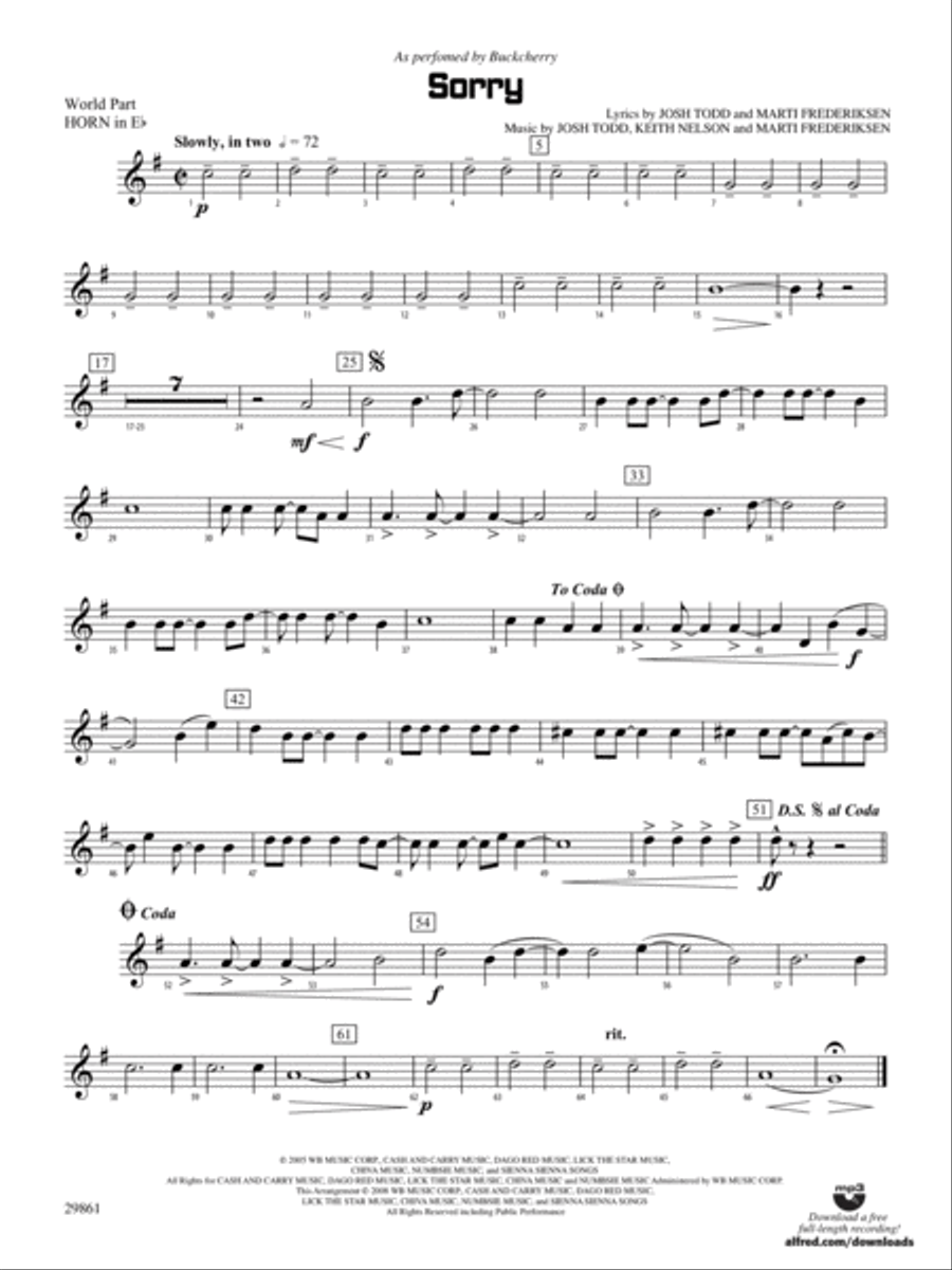Sorry: (World Part) 1st Horn in E-flat Concert Band scores gallery preview page 1