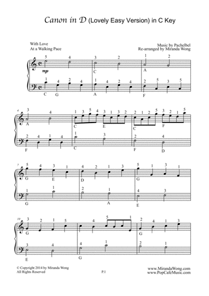 Canon in D - Easy Piano Solo (With Fingerings) image number null