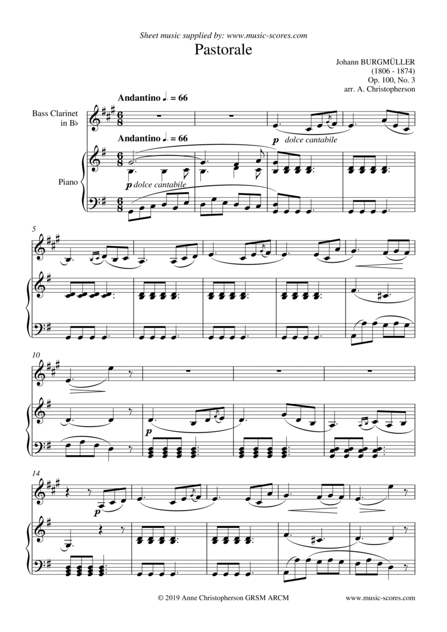 Pastorale - Burgmuller Op.100, No.3 - Bass Clarinet and Piano Bass Clarinet scores gallery preview page 1
