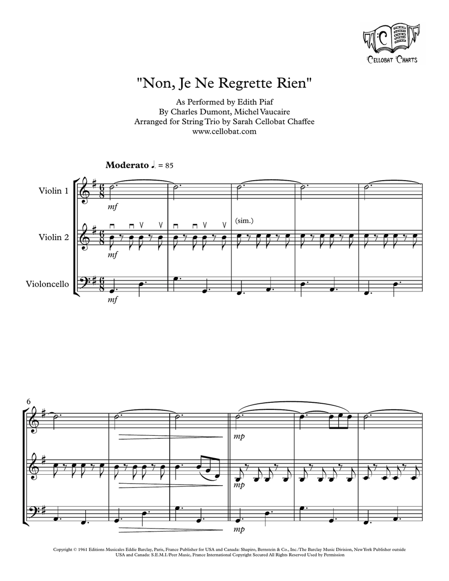 Non, Je Ne Regrette Rien by Edith Piaf String Trio - Digital Sheet Music