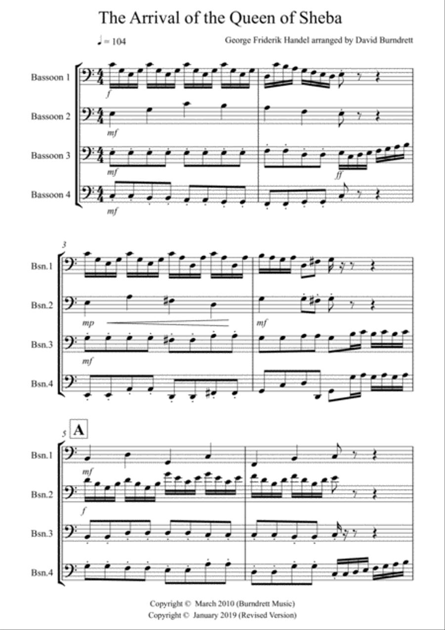 Arrival of the Queen of Sheba for Bassoon Quartet Bassoon Quartet scores gallery preview page 1