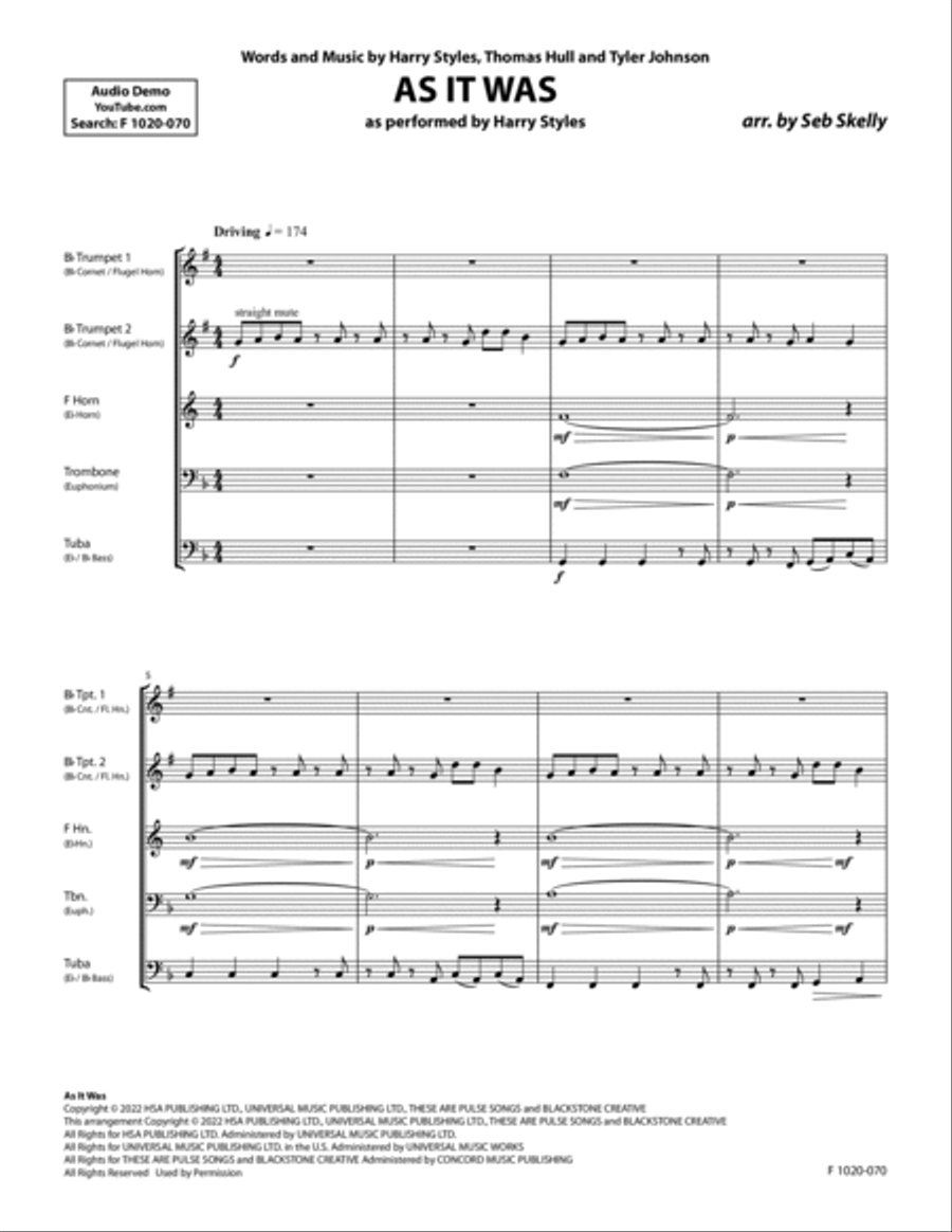 As It Was (for Brass Quintet) (arr. Seb Skelly) - Full Score Brass Quintet scores gallery preview page 3