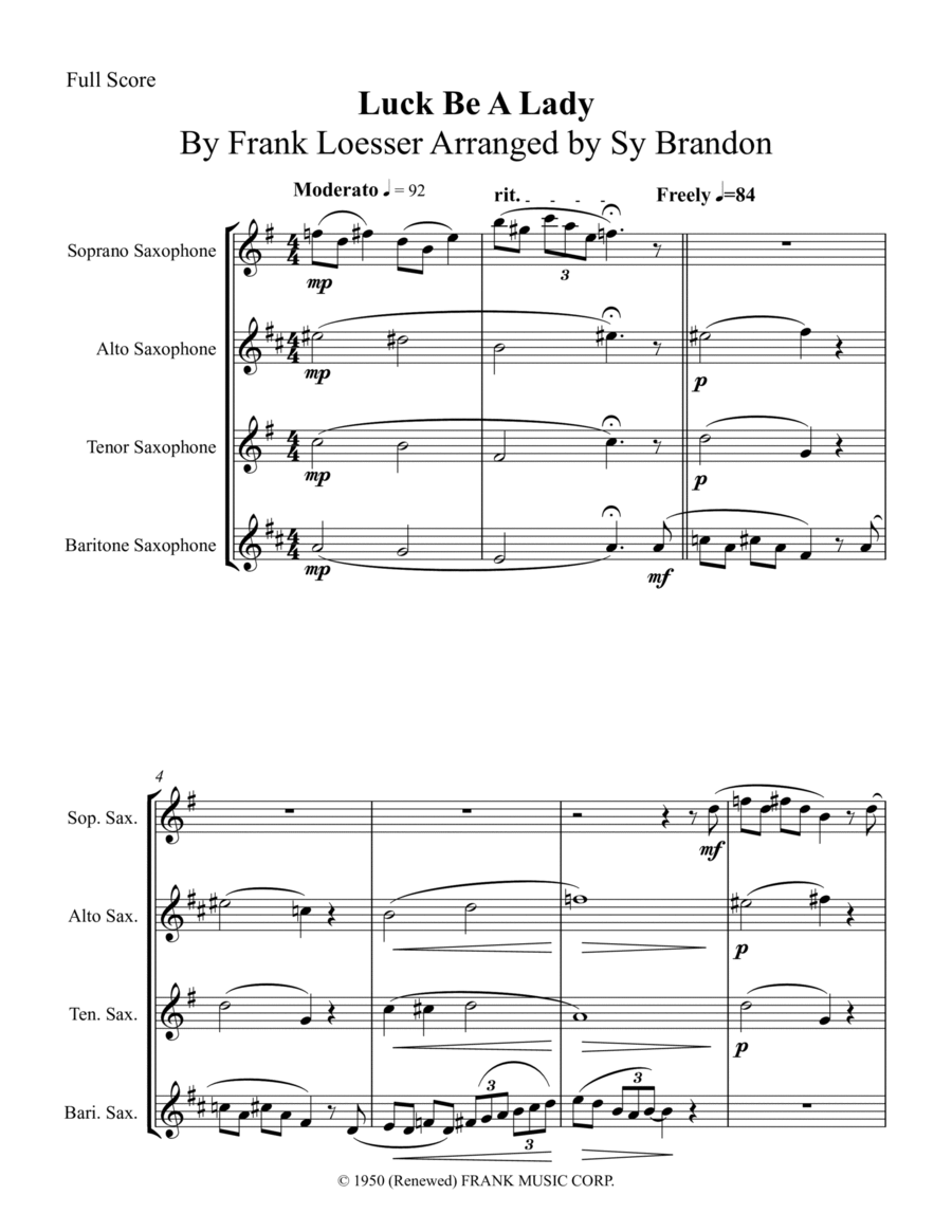 Luck Be A Lady Saxophone Quartet scores gallery preview page 1