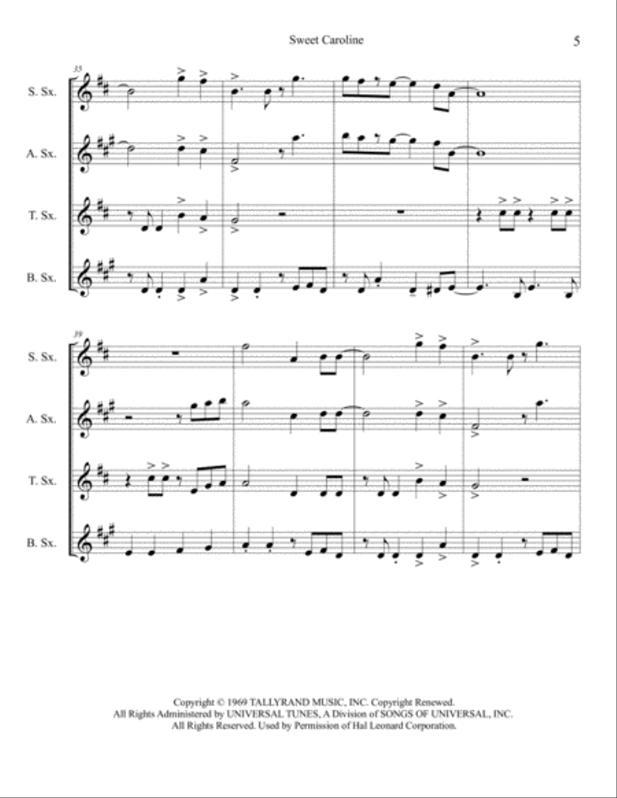 Sweet Caroline Woodwind Quartet scores gallery preview page 6