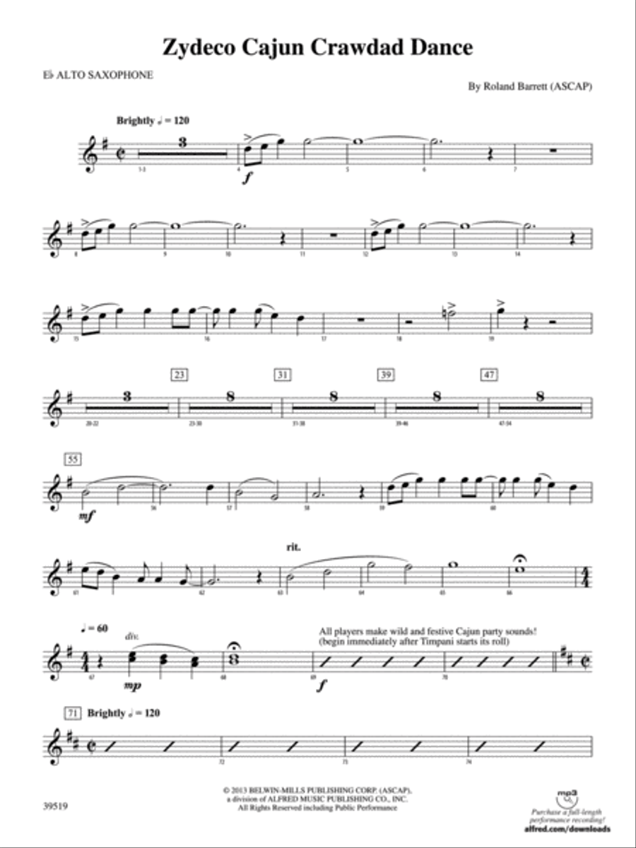Zydeco Cajun Crawdad Dance: E-flat Alto Saxophone Concert Band scores gallery preview page 1