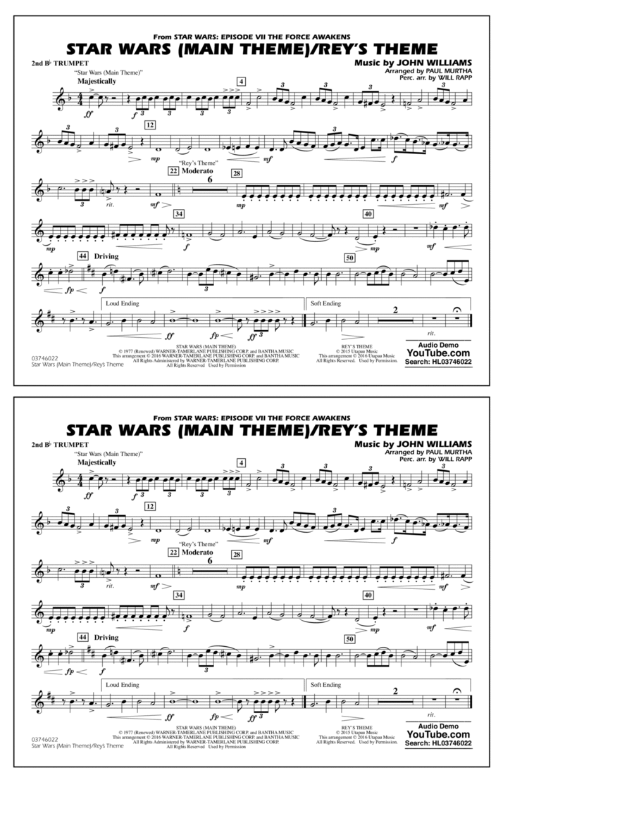 Star Wars Main Theme/Rey's Theme (from The Force Awakens) - 2nd Bb Trumpet B-Flat Trumpet scores gallery preview page 1