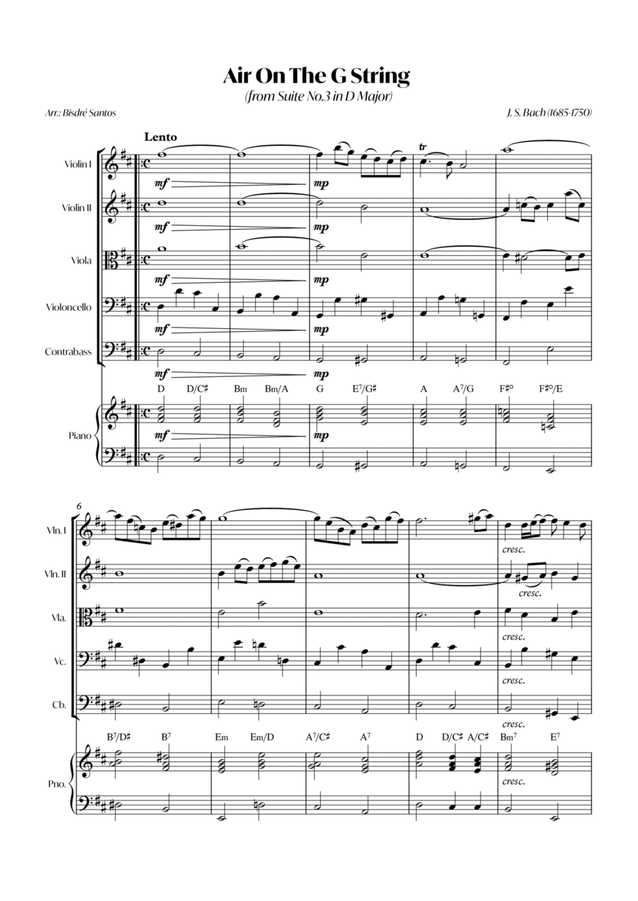 Air On The G String (from Suite No.3 in D Major) (Bach) - String quintet with Piano Cello scores gallery preview page 1