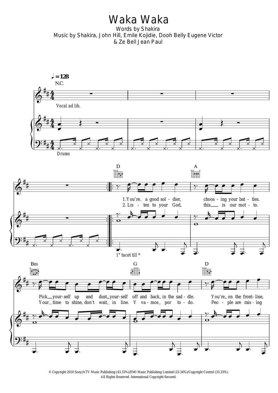 Waka Waka (This Time For Africa) (featuring Freshlyground) Piano, Vocal, Guitar scores gallery preview page 1
