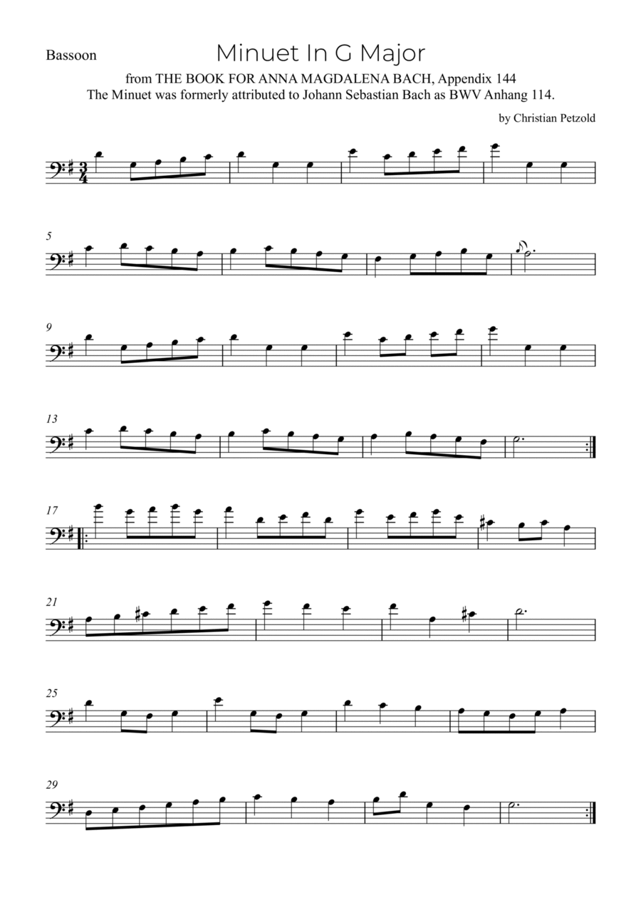Minuet In G Major Bassoon Solo scores gallery preview page 1