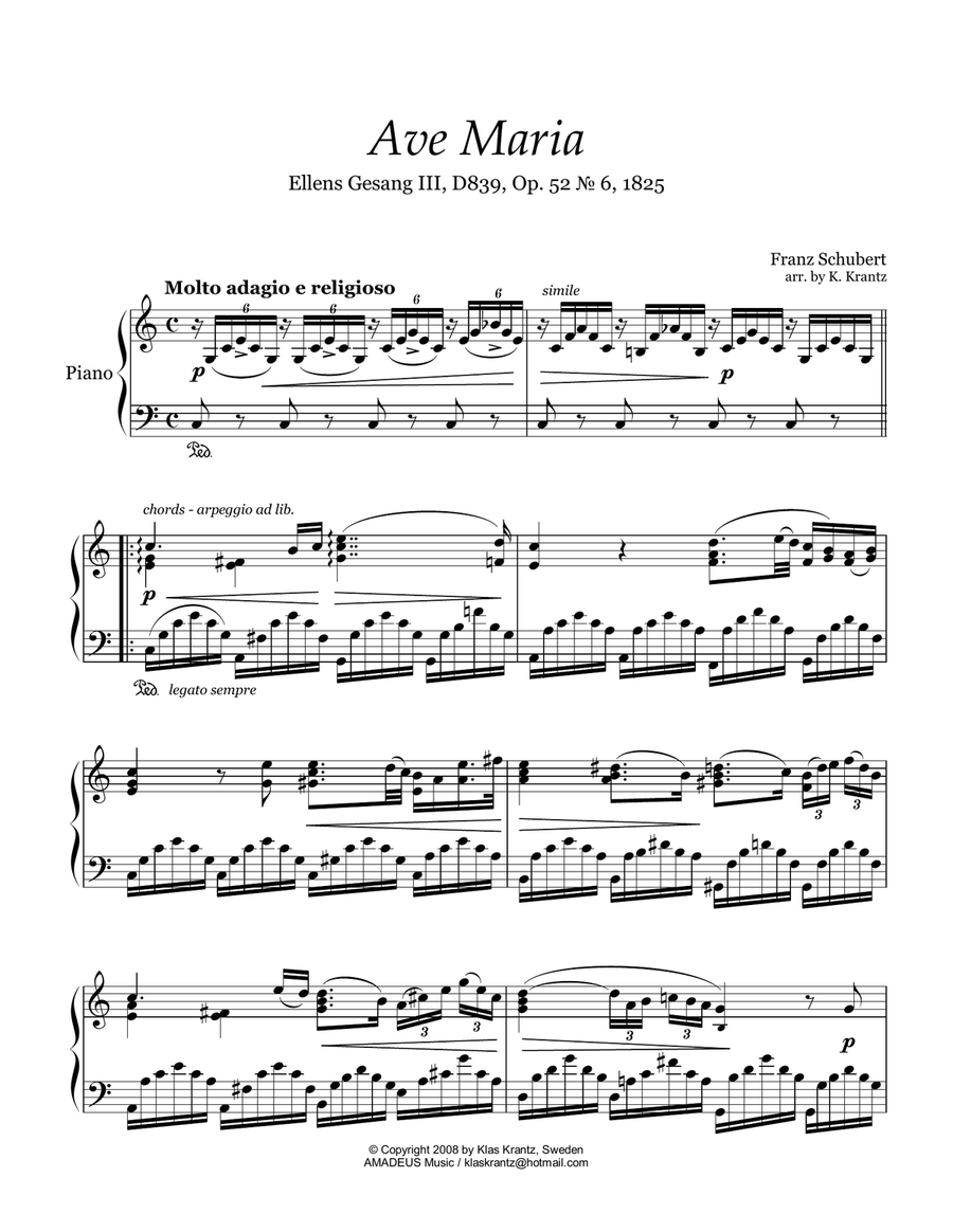 Ave Maria (Schubert) for piano solo (C major), with voice and lyrics part Piano Solo scores gallery preview page 1
