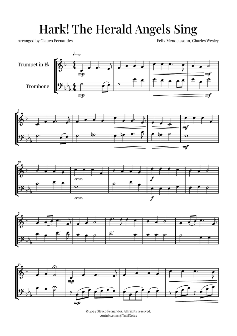 Hark! The Herald Angels Sing Duet Arrangement | Christmas Carol Sheet Music Brass Duet scores gallery preview page 1