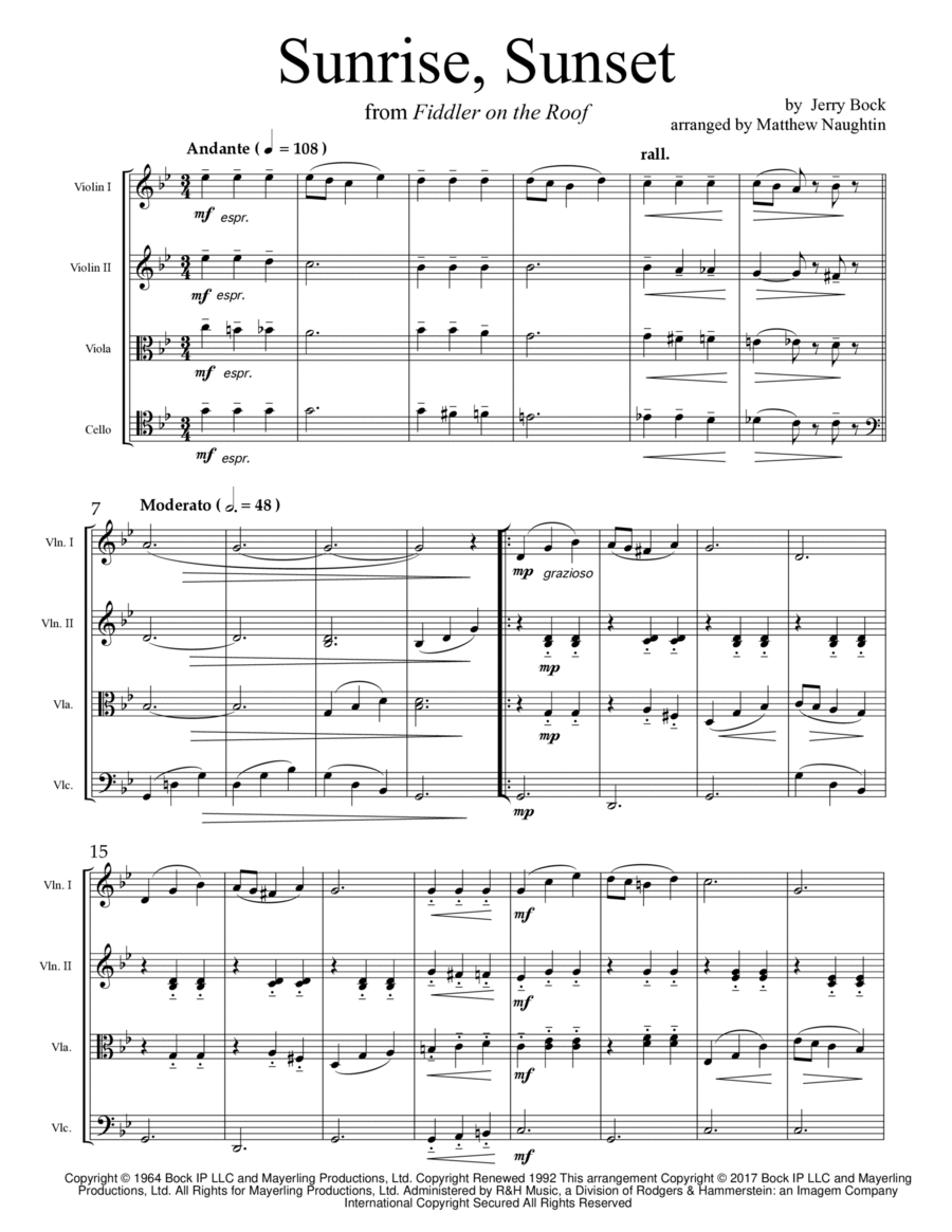 Sunrise, Sunset Sunrise, Sunset String Quartet scores gallery preview page 1