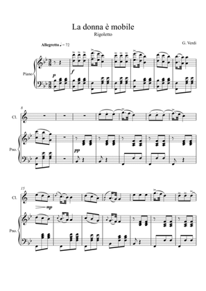 Giuseppe Verdi - La donna e mobile (Rigoletto) Clarinet Solo - Bb Key