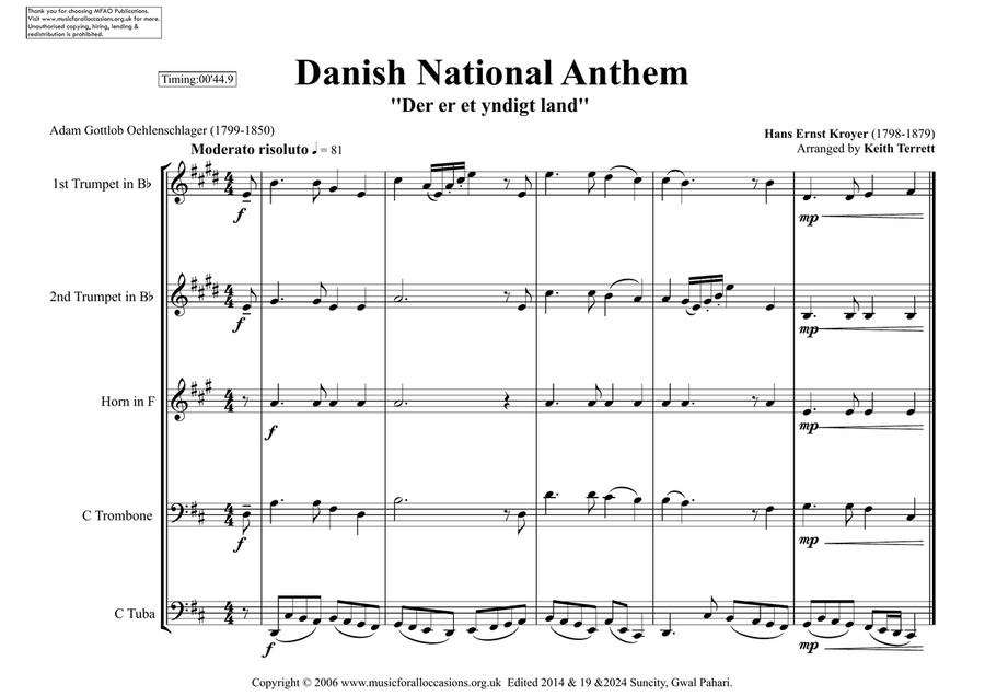 Danish National Anthem (Der er et yndigt land) for Brass Quintet (World National Anthem Series) Brass Quintet scores gallery preview page 1