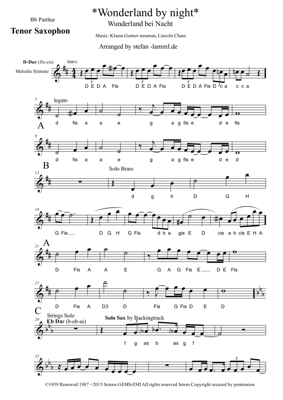 Wonderland By Night Wonderland By Night Tenor Saxophone scores gallery preview page 1