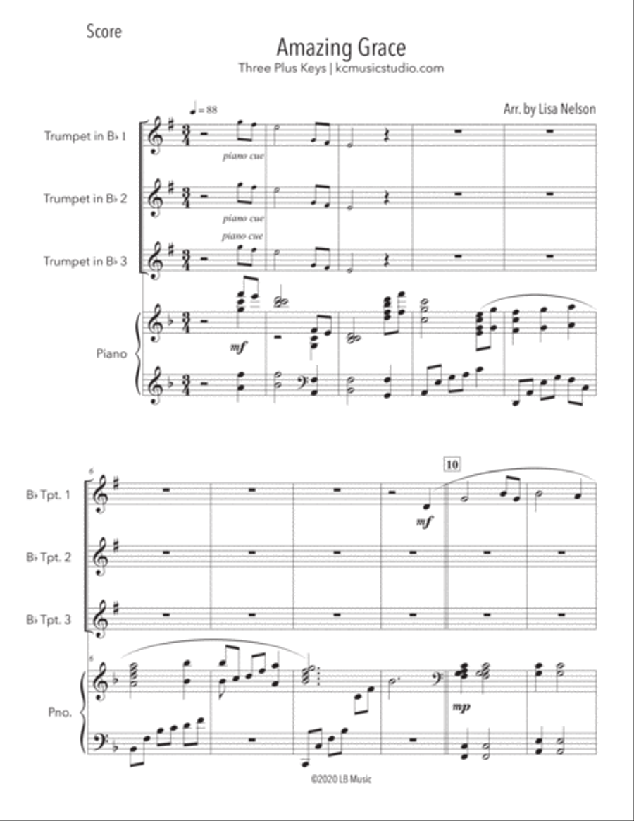 Amazing Grace - Trumpet Trio with Piano Accompaniment Trumpet Trio scores gallery preview page 2
