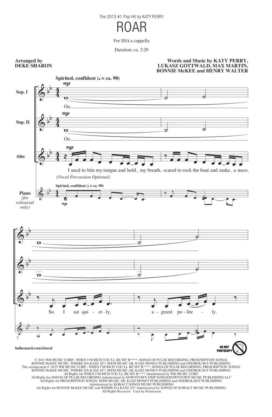 Roar (arr. Deke Sharon) Roar (arr. Deke Sharon) SSA scores gallery preview page 1