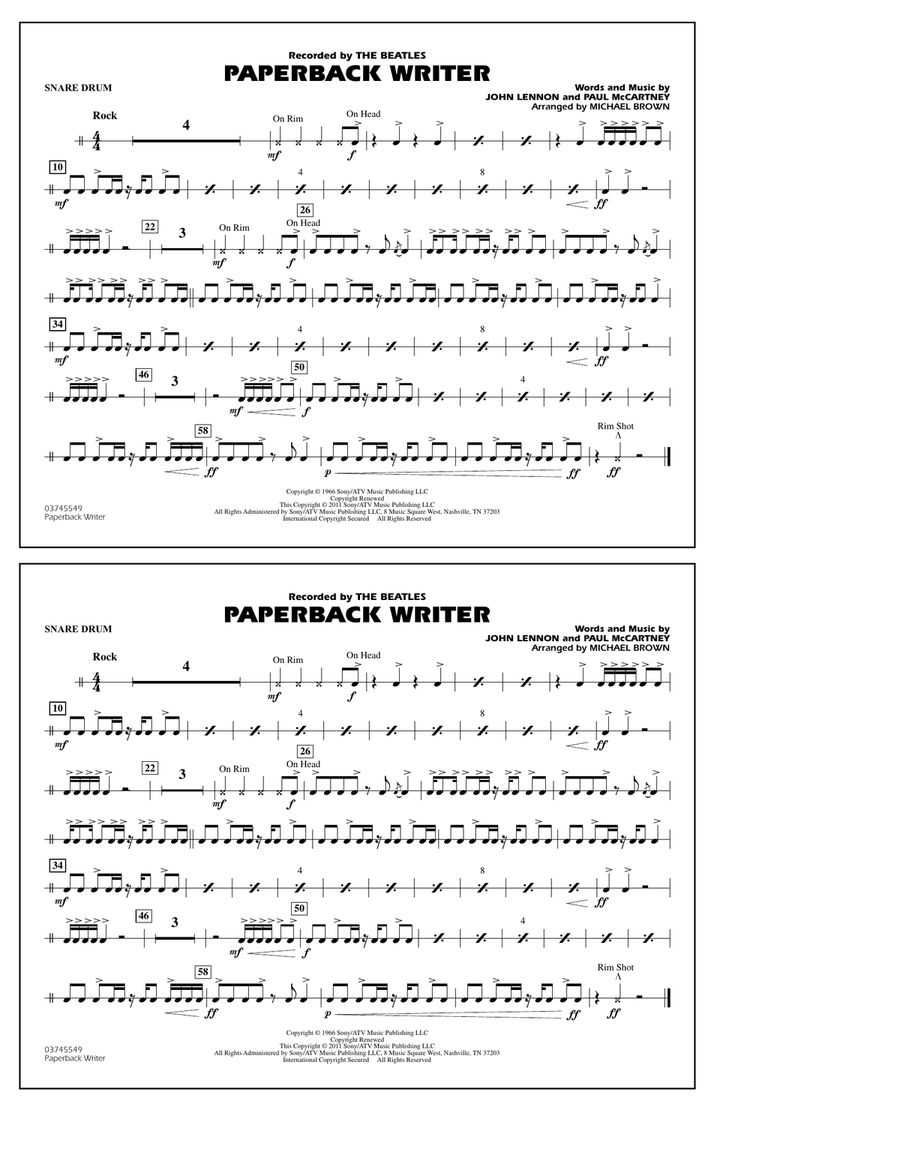 Paperback Writer - Snare Drum Marching Band scores gallery preview page 1