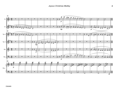 JOYOUS CHRISTMAS MEDLEY - Flute, Clarinet, 2 Trumpets, Horn & Trombone with Piano (5 carol medley) image number null