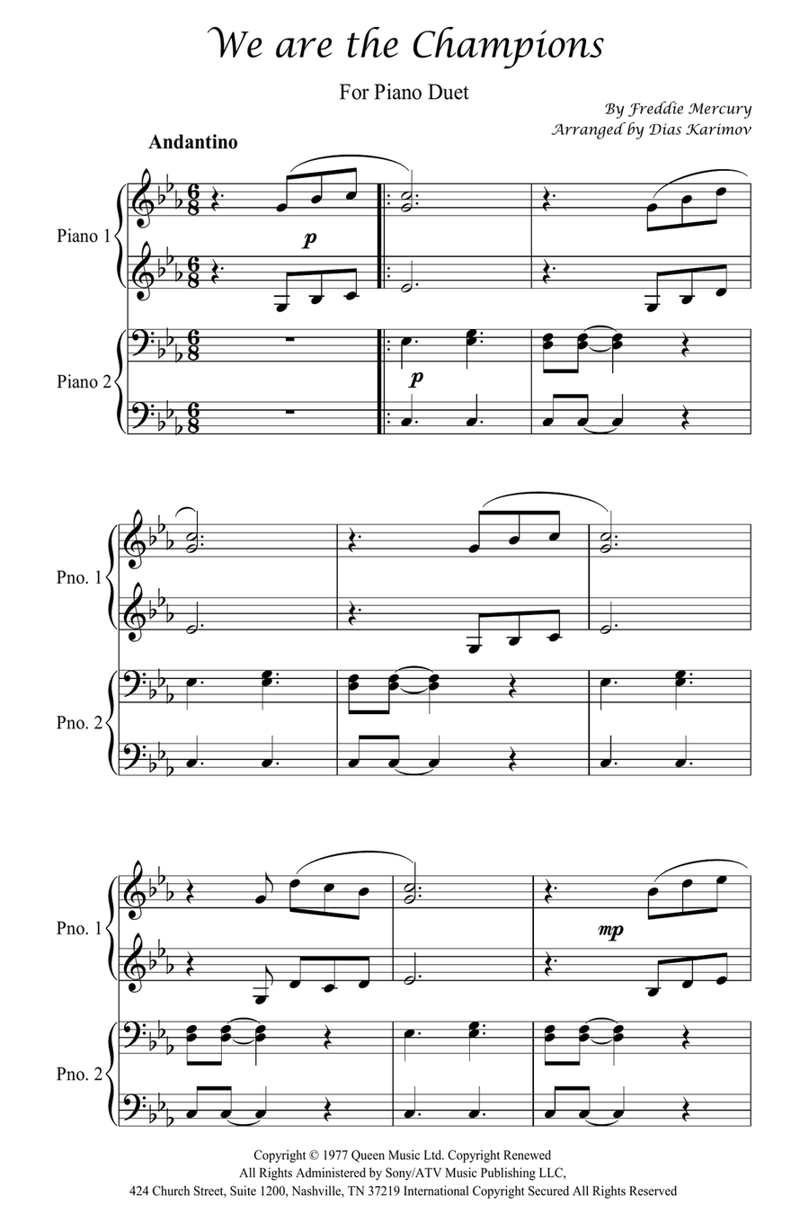 We Are The Champions 1 Piano, 4-Hands scores gallery preview page 1