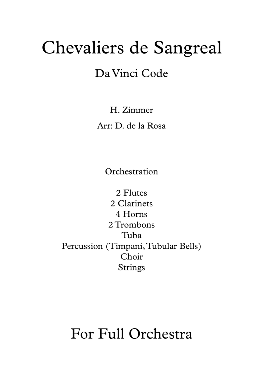 Hans Zimmer Chevaliers De Sangreal Sheet Music Chevalier De Sangreal by Hans Zimmer - Full Orchestra - Digital Sheet
