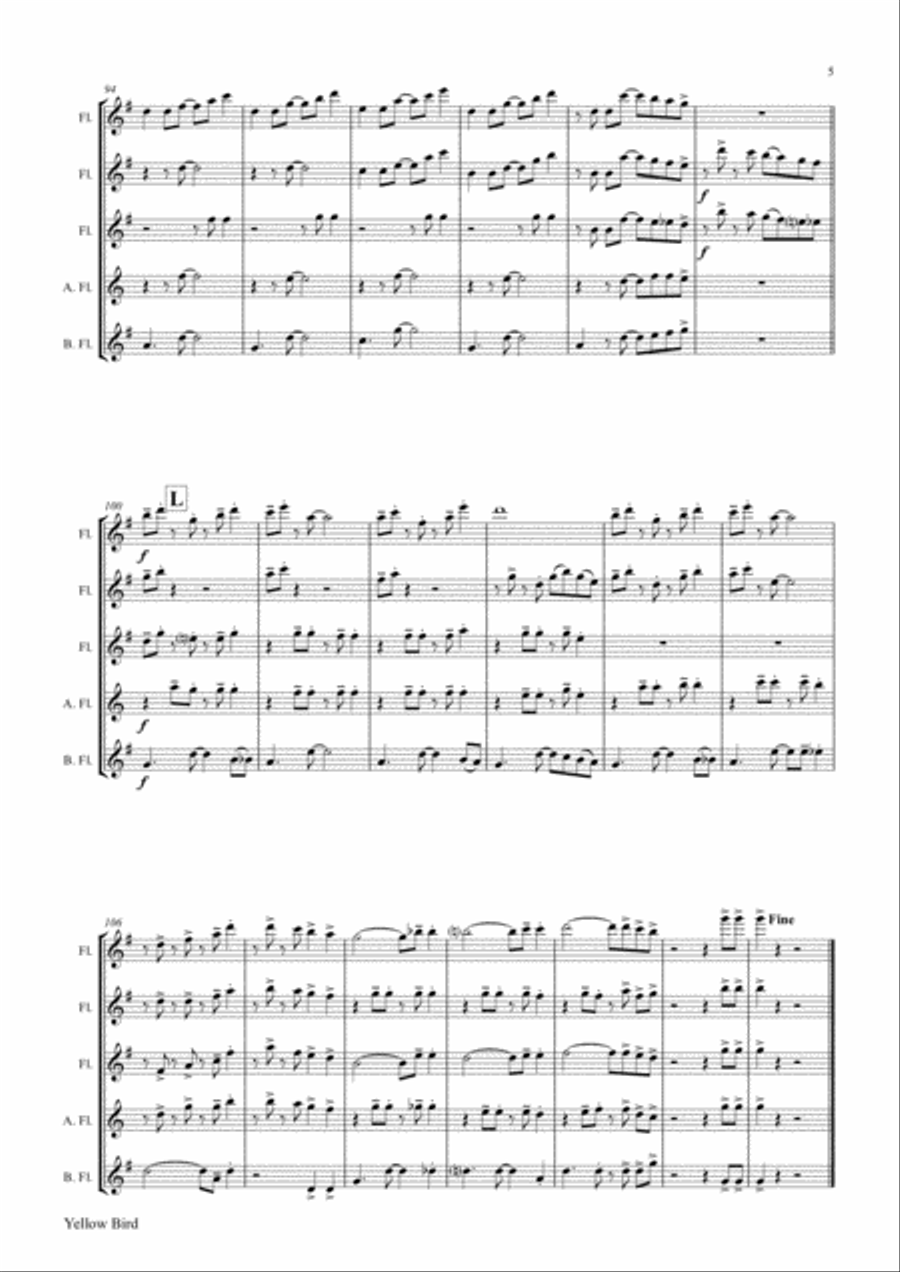 Yellow Bird - Haitian Folk Song - Calypso - Flute Quintet Woodwind Quintet scores gallery preview page 6