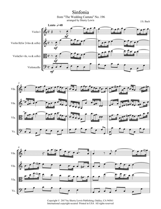 SINFONIA from "THE WEDDING CANTATA", Bach, String Trio, Intermediate Level for 2 violins and cello o