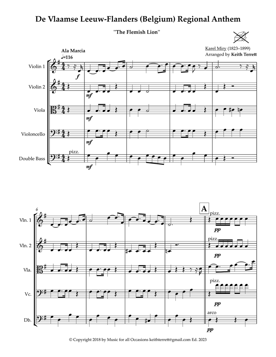 De Vlaamse Leeuw-Flanders (Belgium) Regional Anthem ''The Flemish Lion'' for String Orchestra String Orchestra scores gallery preview page 2