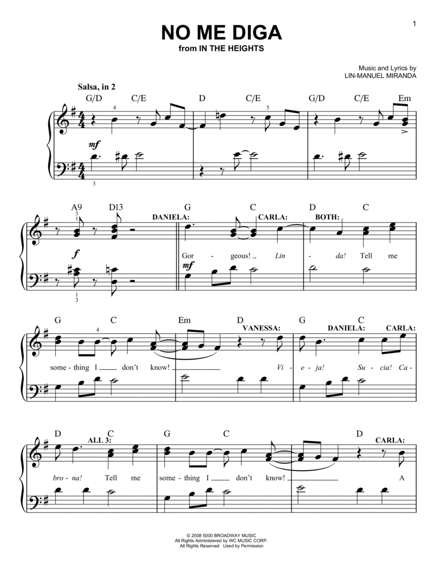 No Me Diga (from In The Heights: The Musical) Easy Piano scores gallery preview page 1