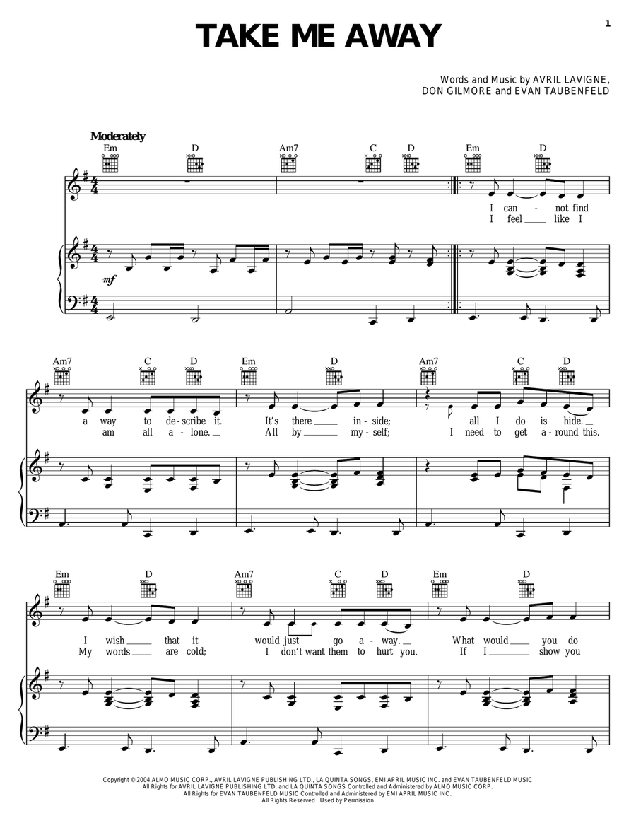 Take Me Away Take Me Away Piano, Vocal, Guitar scores gallery preview page 1