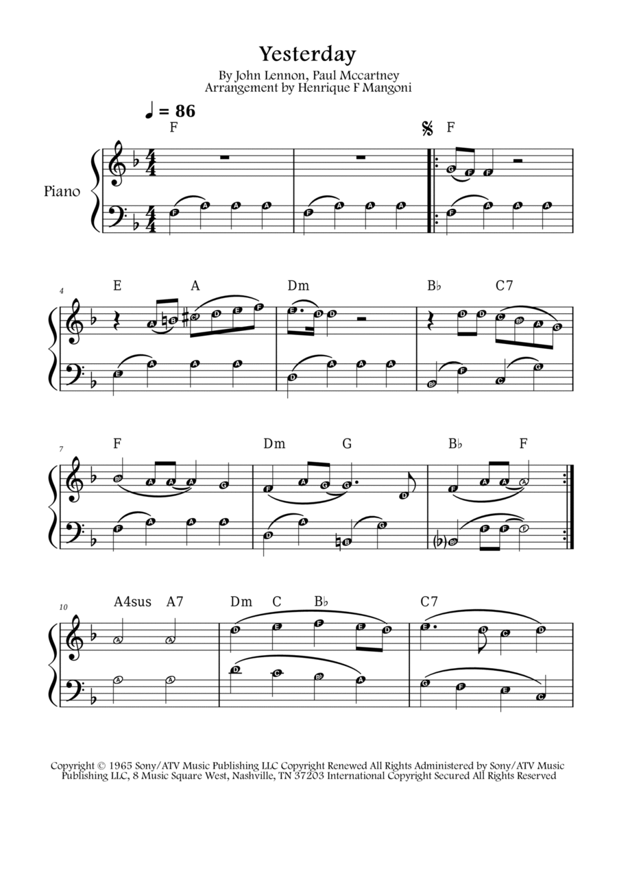Yesterday Easy Piano scores gallery preview page 1