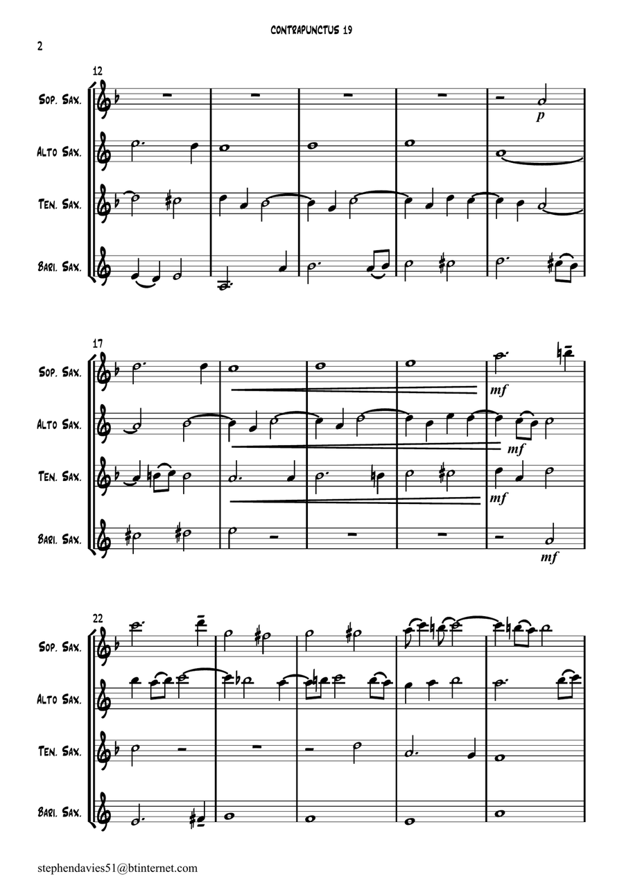 'Contrapunctus 19' By J.S.Bach BWV 1080 from 'The Art of the Fugue' for Saxophone Quartet. Saxophone Quartet scores gallery preview page 2