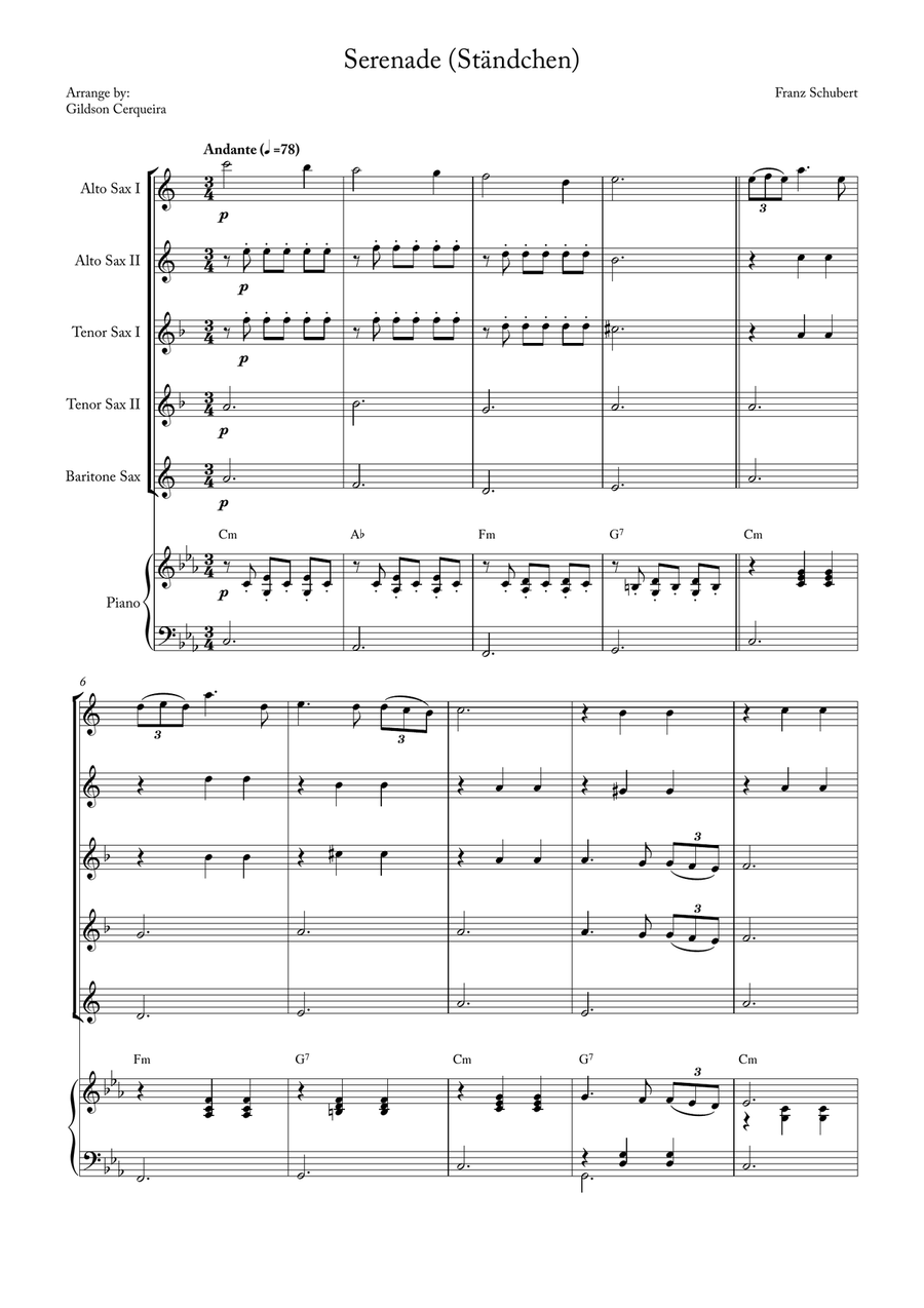 Serenade (Ständchen) Saxophone Quintet scores gallery preview page 1